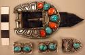 Ranger belt set of buckle (A), loops (B, C), and tip (D), in turquoise, coral