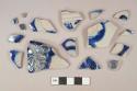 Gray salt-glazed stoneware vessel body fragments, molded decoration, cobalt blue decorated, gray paste