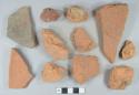 Red brick fragments; brown lead glazed redware vessel body fragments; 4 red ceramic roof tile fragments