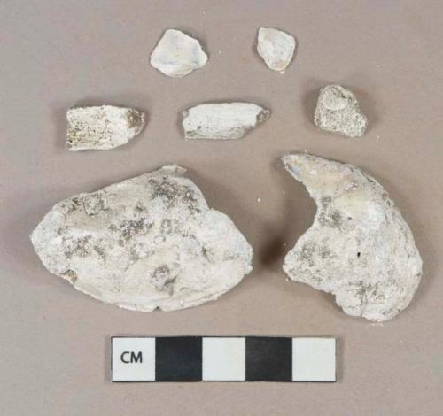 4 white shell fragments, likely oyster, heavily degraded; 4 calcined bone fragments