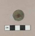 Round, flat copper alloy button with iron shank
