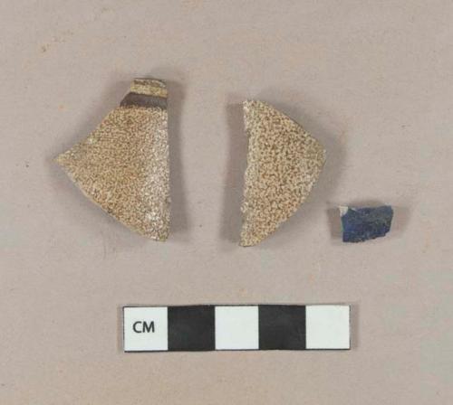 Blue glazed gray bodied stoneware body sherd; brown salt glazed gray bodied stoneware body sherds