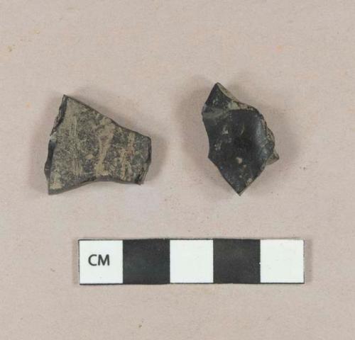 Coal fragment; olive green bottle glass fragment