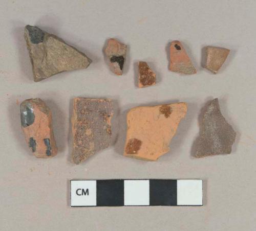 Brown and black lead glazed redware vessel body fragments, 1 fragment english brown earthenware