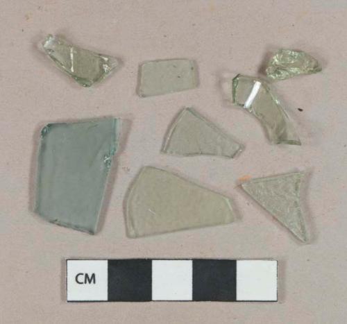 4 aqua vessel glass fragments; 4 aqua flat glass fragmetns, weathered