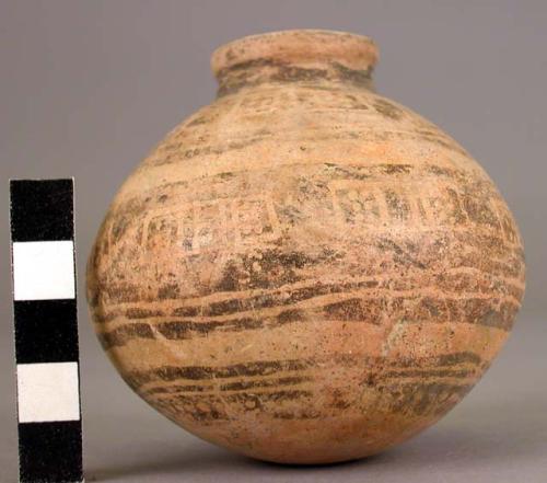 Pottery jar, yellow with blcak ornamentation