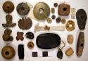 Miscellaneous stone, pottery, metal, glass beads, pendants and spindle+