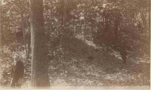 Frederic W. Putnam sitting on wall (upper left), with Judge Joseph Cox (lower left) and Dr. C. L. Metz (right) at foot of the wall