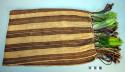 Brown and white striped cotton textile head garment trimmed with green+