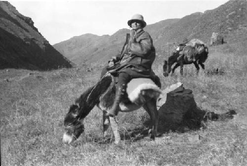 Person in hat on donkey; donkey grazing