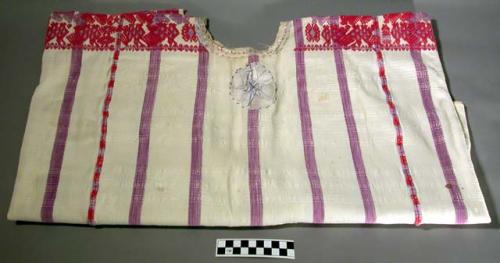 Huipil. white with purple stripes, red and purple embroidery. 117 x 59 cm. (doub