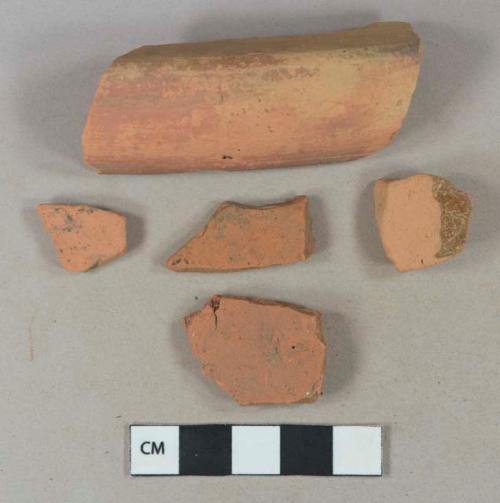 Unglazed undecorated redware body sherd; lead glazed undecorated redware body sherds; lead glazed undecorated redware rim sherd, possibly complete profile