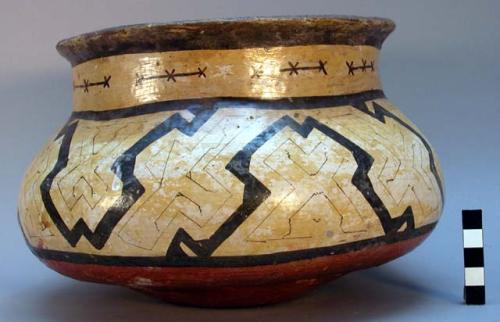 Jar, wide mouth, flat bottom, polychrome geometric design