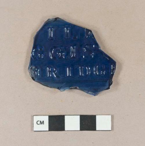 Glass, mold-blown, bottle; cobalt blue, body fragment, likely square or rectangular, embossed "[...]IL[...] / [...]GGIST[...] / [...]BRIDG[...]", Possibly "Cambridge"