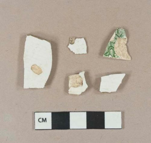 Undecorated whiteware body sherds; green transfer printed whiteware body sherd