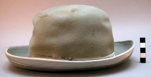 Woman's felt bowler, grey felted wool, silk band, hat pin.