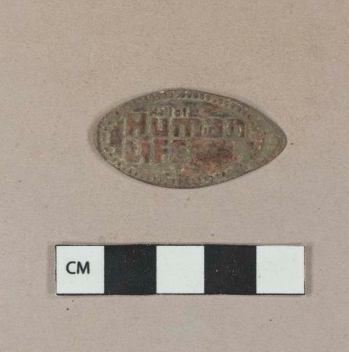 Copper pressed penny souvenir, stamped on one side "Hall of Human Life" and "Museum of Science / mus.org/hhl", corroded