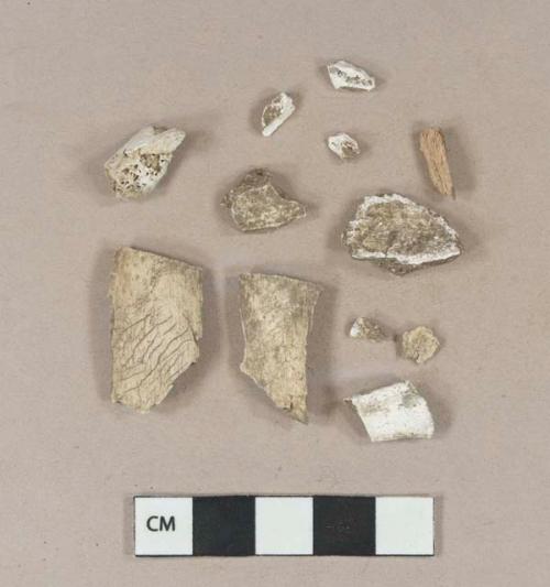 Unidentified calcined bone fragments; 1 wood fragment; 1 clinker/coal ash fragment