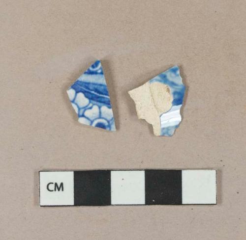 Blue transfer printed pearlware body sherd; blue hand painted pearlware body sherd