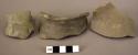 Pottery base fragment; rim potsherd and handle fragment; potsherd - gray minyan