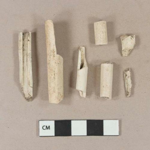 Unsmoked, undecorated pipe stem fragments, 8/64" bore diameter, two fragments crossmend; unsmoked, undecorated pipe bowl fragment; unsmoked, undecorated pipe stem fragments, bore diameter unmeasurable