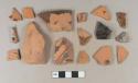 Unglazed, undecorated redware body sherds; undecorated lead glazed redware body sherds, four sherds crossmend