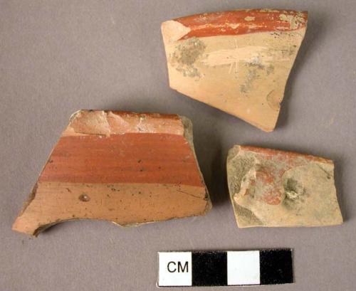 3 Pottery rim sherds (bands on rims); 1 sherd; 1 handle fragment - heavy smooth