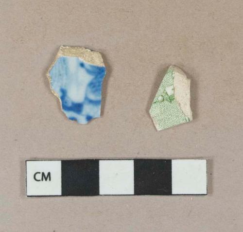 Blue transfer printed pearlware body sherd; green transfer printed whiteware body sherd