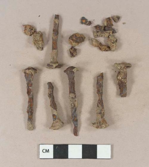 Cut or wrought iron rosehead nail fragments; unidentified iron fragments, likely originally part of nails