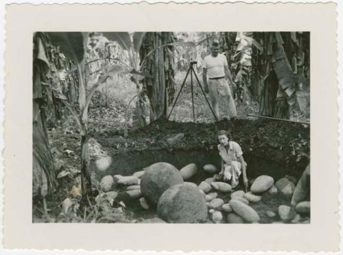 Dr. Doris Stone amongst the stone balls with Samuel K. Lothrop