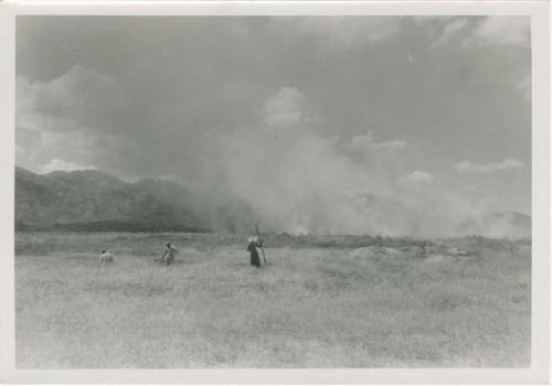 Army burning grasses, looking northwest from Area B, Trench 4