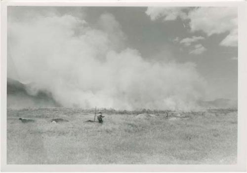 Army burning grasses, looking northwest from beginning of Area B, Trench 4