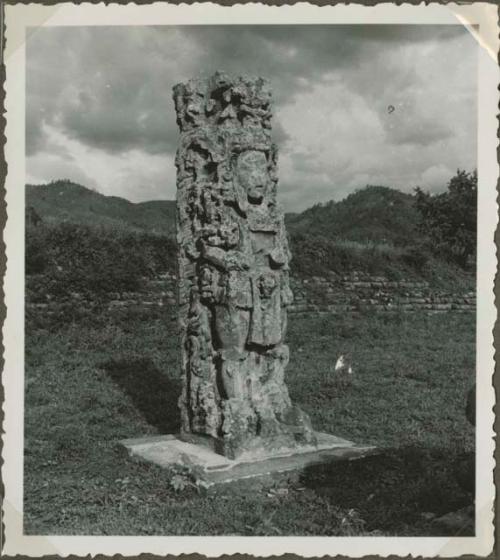 Upright stela in an open field