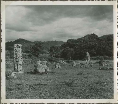 Open field with upright stelae and stone objects