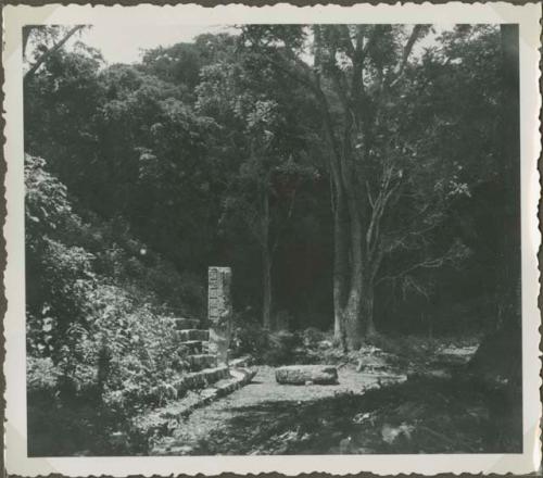 Side view of round stone object in front of stela recessed in stone stairway