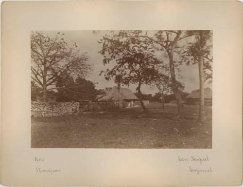 Stone wall and thatched-roof buildings