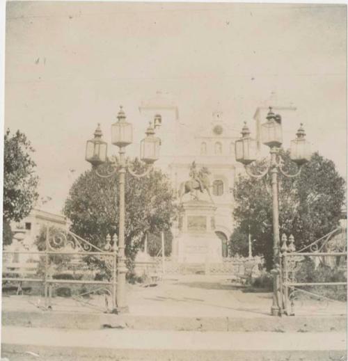 Church or large building with statue in front