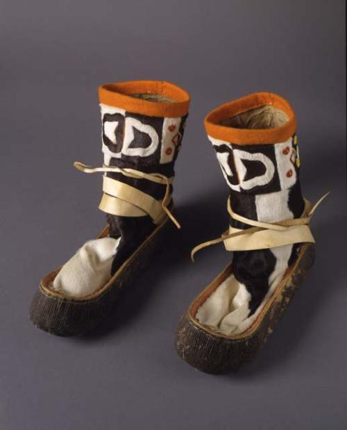 Pair of mukluks - fur and hide with bead and cloth trim