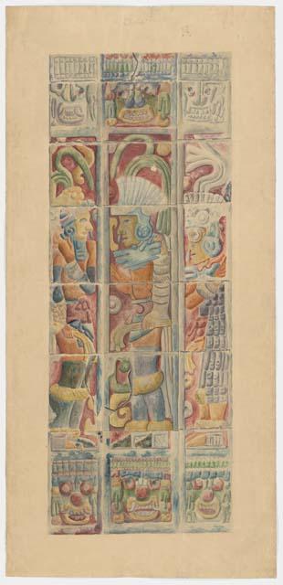 Watercolor of frieze from the Temple of the Warriors, Chichen Itza.