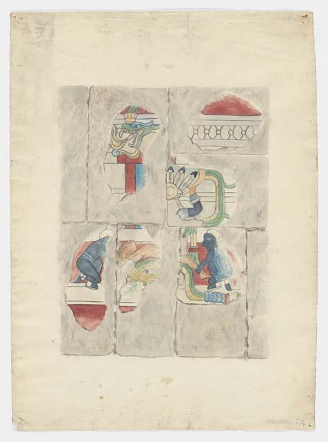 Watercolor of frieze from the Temple of the Warriors, Chichen Itza.