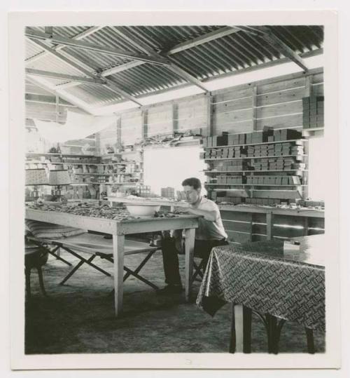 Ksar Akil, showing center work table and long sorting table, Mr. Murphy sorting.