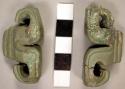 2 carved fragments of hollow jade object; unidentified scroll-like ornaments (7
