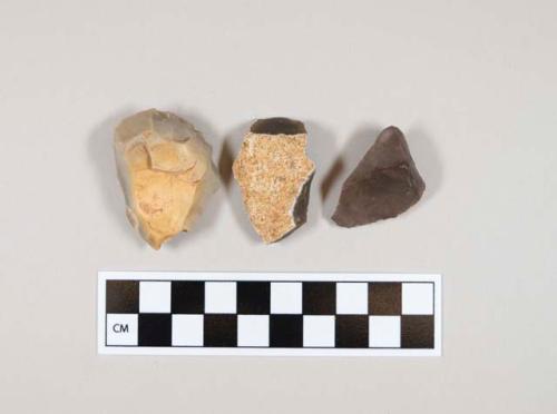 Flint flakes; two with cortex; brown and gray colored stone