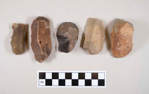 Flint flakes; scrapers; five with cortex; variously colored stone