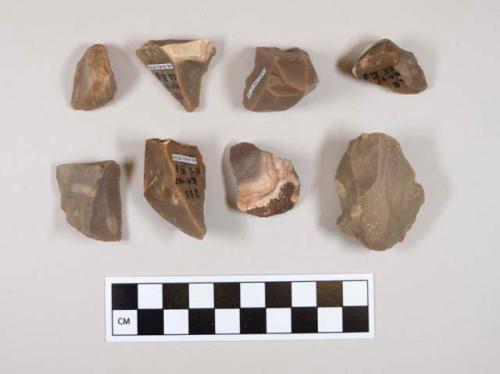 Flint flakes and modified cores; endscrapers; gray and brown colored stone; ten with cortex