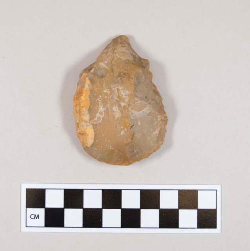 Flint flake with cortex; scraper; tan-colored stone