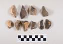 Flint flakes; six with cortex; gray and tan colored stone