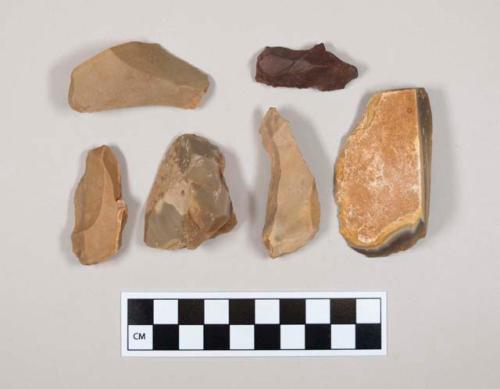 Chipped stone, scrapers?, three with significant cortex, tan, brown, red in color