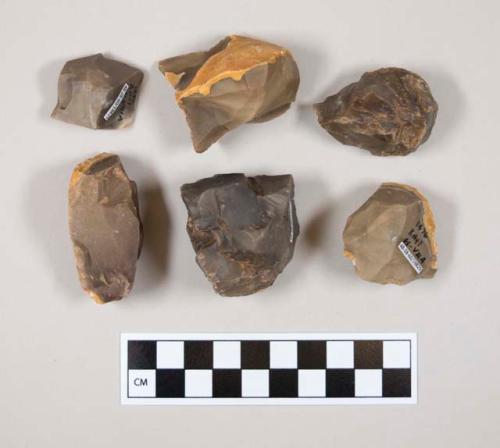 Chipped stone, cores, significant cortex on some, gray, brown, cream in color