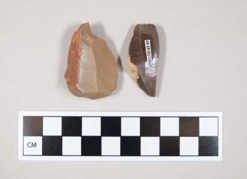 Chipped stone, flakes, both have some cortex, one is tan and one is brown in color